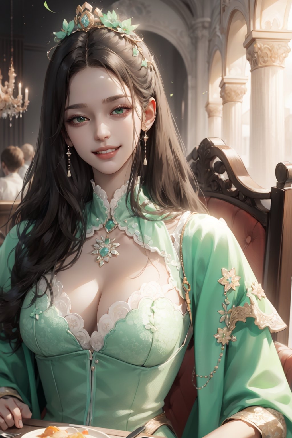 (asterpiece:1.2, best quality), (Soft light), (shiny skin), 1woman, eyelashes, cleavage, collarbone, victorian, green eyes, black_long_ hair, royalty background, side look, dress, formal dress, dinning table, smile