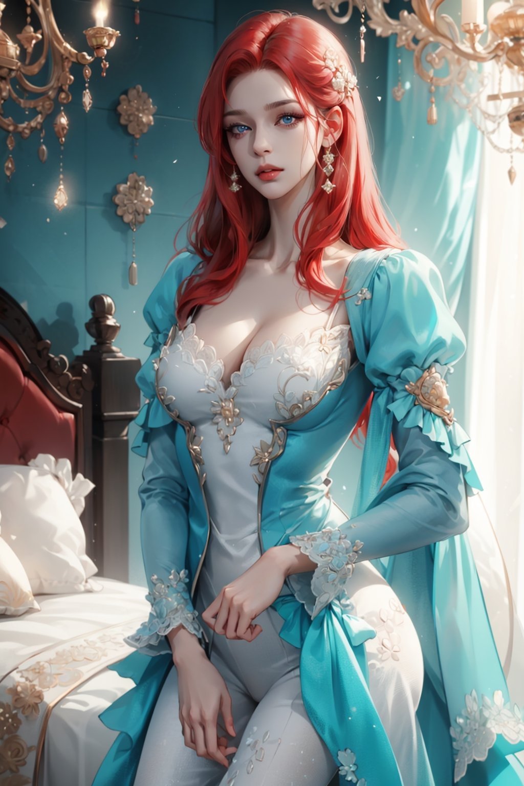 (asterpiece:1.2, best quality), (Soft light), (shiny skin), 1woman, eyelashes, cleavage, collarbone, victorian, blue eyes, red_long_ hair, royalty background, side look, tosca dress, formal dress, bedroom, blowjob, sexual look, red hair