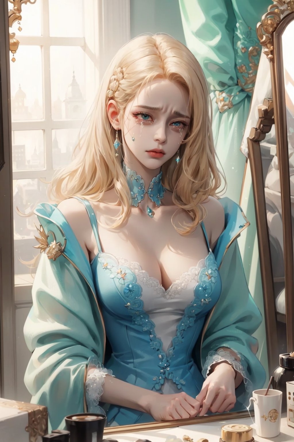 (asterpiece:1.2, best quality), (Soft light), (shiny skin), 1woman, eyelashes, cleavage, collarbone, victorian, tosca eyes, blonde_long_ hair, royalty background, crying, side look, tosca dress, formal dress, bedroom, mirror, hickey, red mark on neck, kiss mark