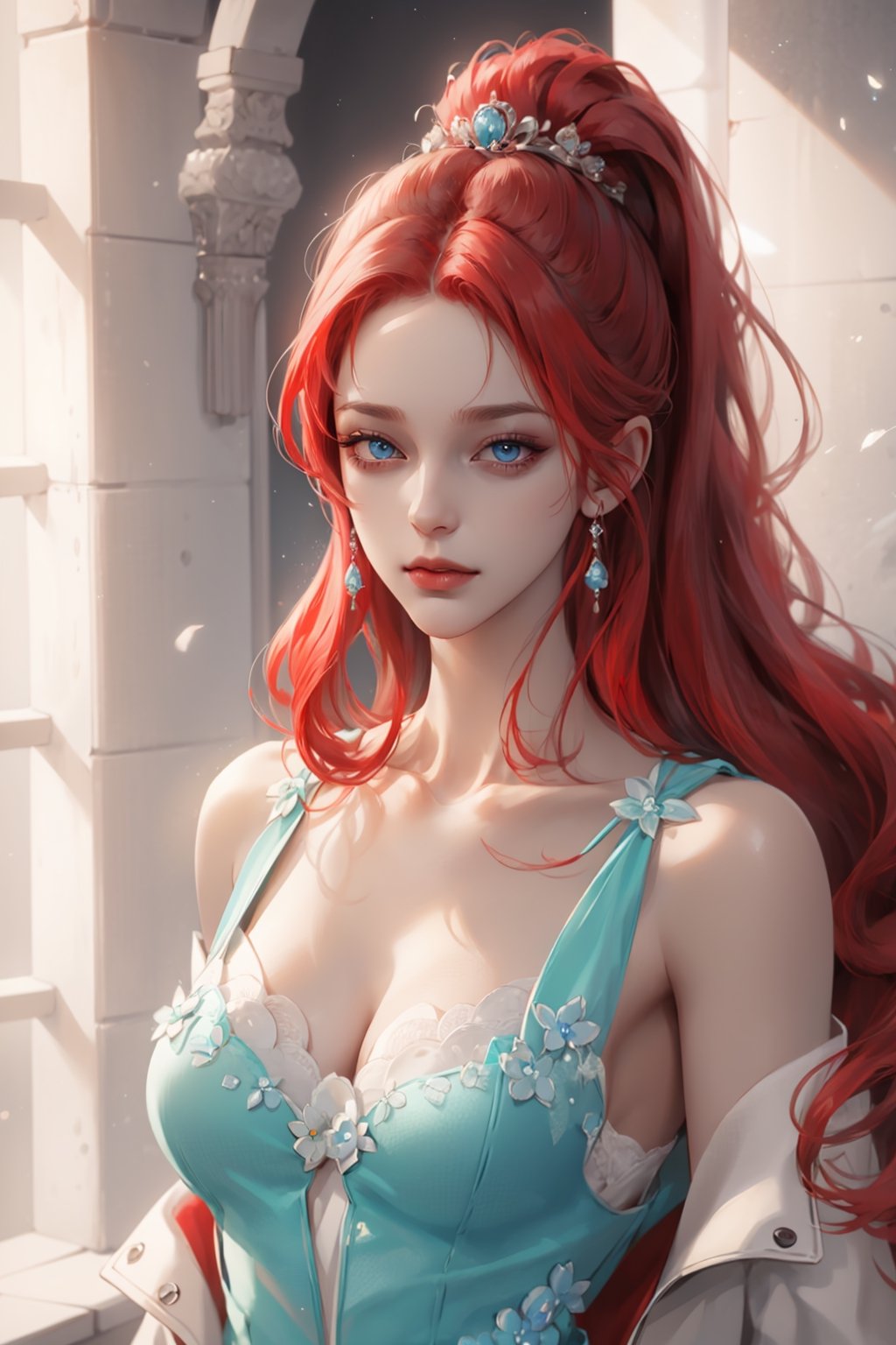 (asterpiece:1.2, best quality), (Soft light), (shiny skin), 1woman, eyelashes, cleavage, collarbone, victorian, blue eyes, red_long_ hair, royalty background, side look, tosca dress, formal dress, bedroom, blowjob, sexual look, red hair