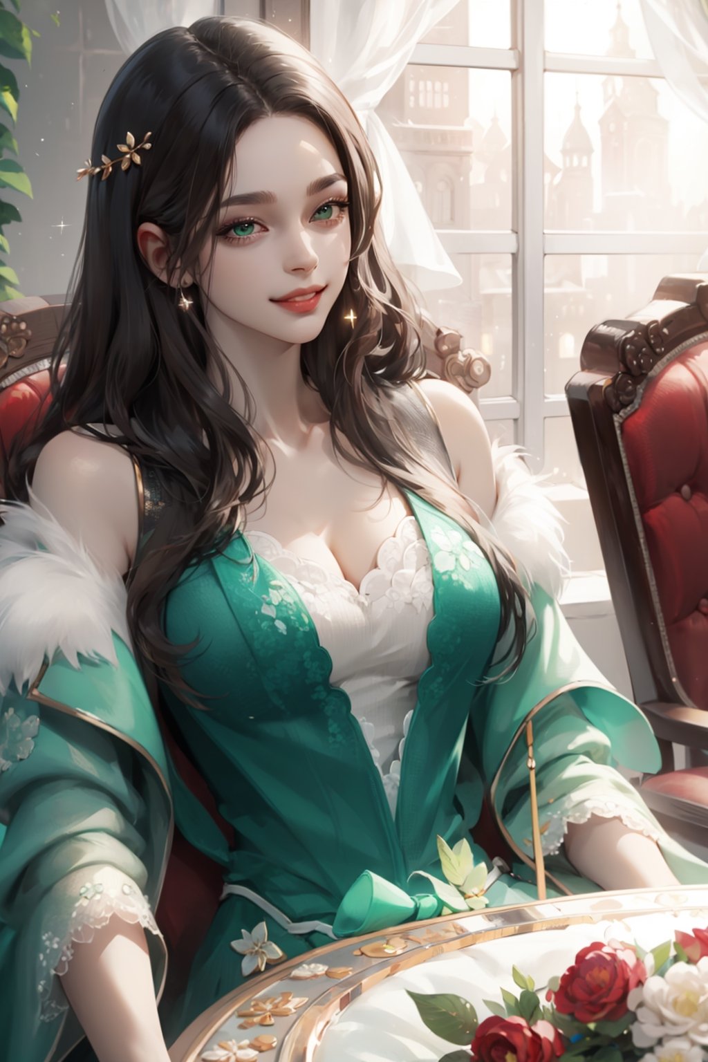 (asterpiece:1.2, best quality), (Soft light), (shiny skin), 1woman, eyelashes, cleavage, collarbone, victorian, green eyes, black_long_ hair, royalty background, side look, dress, formal dress, dinning table, smile