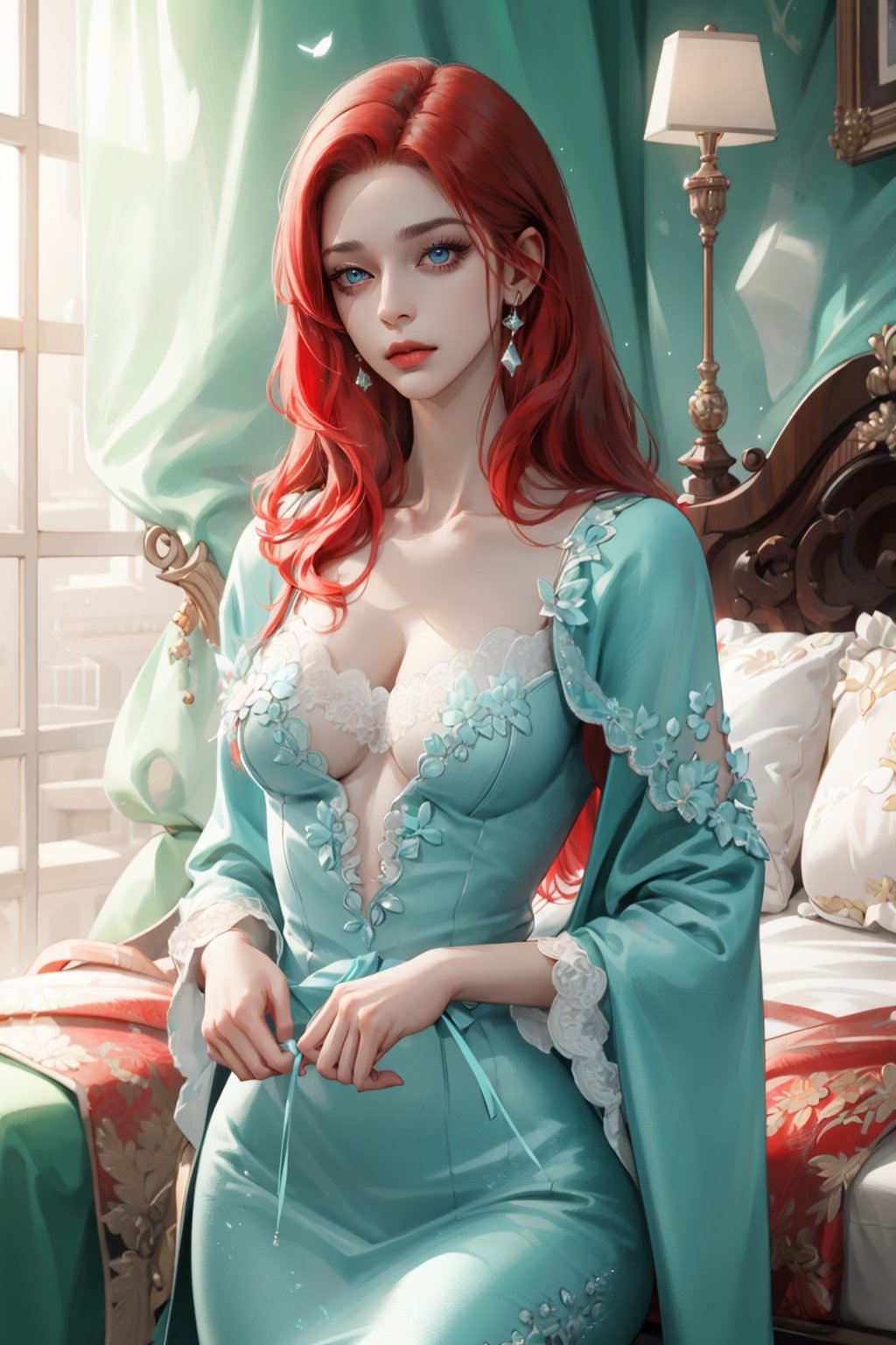 (asterpiece:1.2, best quality), (Soft light), (shiny skin), 1woman, eyelashes, cleavage, collarbone, victorian, blue eyes, red_long_ hair, royalty background, side look, tosca dress, formal dress, bedroom, blowjob, sexual look, red hair