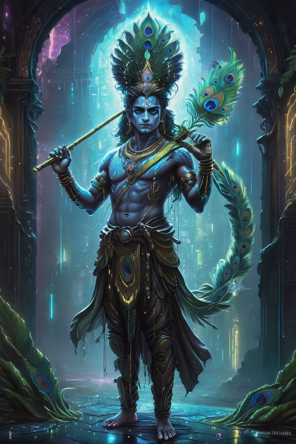 A detailed, hyper-realistic painting of Lord Krishna in the future. He is standing in a neon-lit cyberpunk temple, in the night time, his peacock feather glowsin his head, he is holding a flute in his one hand, on another hand he makes a fist gesture and there is amagestic softlight reflecting from his back.