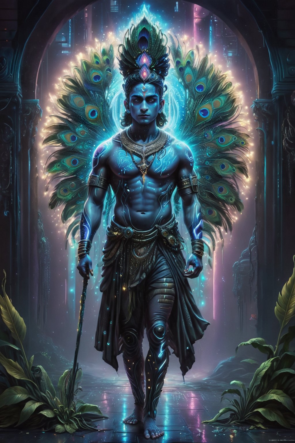 A detailed, hyper-realistic, full body painting of Lord Krishna in the future,He is standing in a neon-lit cyberpunk temple, in the night time, his peacock feather glowing in his head, and there is a magestic softlight reflecting from his back.