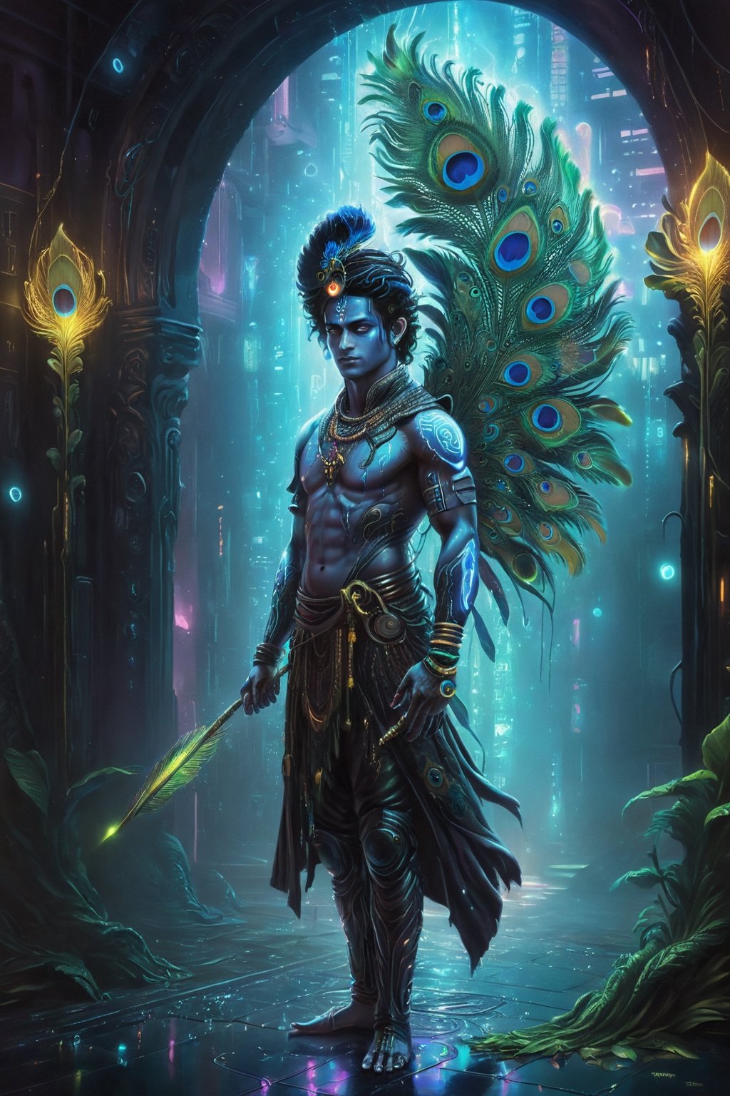 A detailed, hyper-realistic painting of Lord Krishna in the future. He is standing in a neon-lit cyberpunk temple, in the night time, his peacock feather glowsin his head, and there is amagestic softlight reflecting from his back.