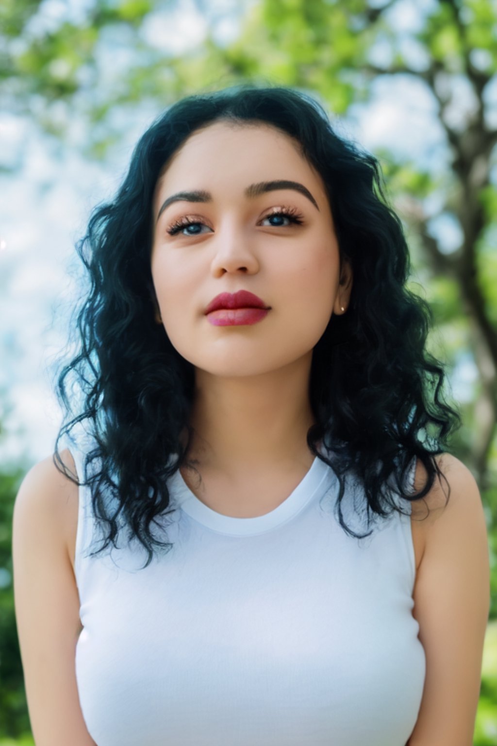 Raw photo, round-headed woman, standing forward, small mouth, thin lips, shiny lips, parted lips, well-defined lips and teeth, round nose, clear and soft face, 1 young woman, 25 years old, (Best Quality: 1.4) , jet black hair, very curly, fluffy and defined hair. large light brown eyes, large round eyes looking up to his right innocently and smiling according to his gaze with his head slightly lowered, expressive and detailed eyes, spherical chin and a dimple in the generated image, he wears a light green t-shirt Sleeveless and very low-cut and transparent, large and defined chest, in the background you can see white pine trees, blue sky and white clouds. 8K resolution, high resolution, (photorealistic, high resolution: 1.4) zoom out