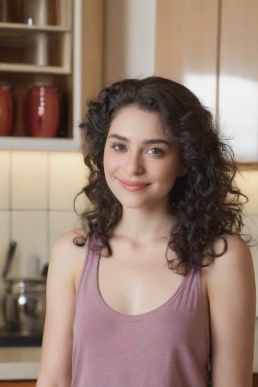 Raw photo from head to hip of a lovely 30 years old woman, portraying a natural and relaxed pose. The scene is set in a warm and inviting kitchen, adding a homely touch to the entire composition
The model is standing naturally, looking directly at the observer. She maintains a friendly and approachable demeanor. A discret knowing smile lights up her face.
The model boasts beautiful, jet-black, extremely curly hair that gracefully reaches the middle of her back. The deep black curls are tightly defined, lending a voluminous and textured appearance. 
Her expressive and attractive face reveals big-sized eyes with an engaging gaze. Well-defined eyebrows elegantly frame her eyes, and her nose is straight and proportionate. She sports a small-sized mouth with well-defined and pale pink-colored lips. Soft contours define her jaw and chin, contributing to a balanced and attractive visage.
The model's fair and smooth skin extends across her face and body, with dimpled cheeks, a round dimpled chin, and a comfortable, relaxed pose. She is wearing a wine-colored tank top, effortlessly paired with classic blue jeans radiating a casual.