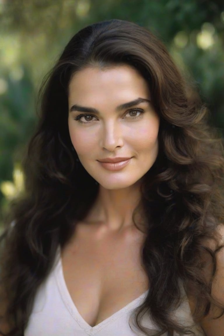 A detailed photograph of a woman with long, curly black hair that cascades to the middle of her back. Her forehead is moderately broad, with slightly arched and bushy eyebrows, following the elegant shape of Brooke Shields. Her eyes, large and almond-shaped, have a lovely honey hue, known as "Ojos Tapatios" in Mexico. Her cheeks display subtly marked cheekbones, with dimples that appear when she smiles. Her small, ball-shaped nose adds a charming touch to her face. Her moderately sized mouth features full lips and a small cleft in her chin when she smiles.

The woman's pose captures a natural smile, with light makeup enhancing her authentic beauty. In the background, a natural panorama with trees and flowers unfolds, creating an elegant but casual atmosphere.