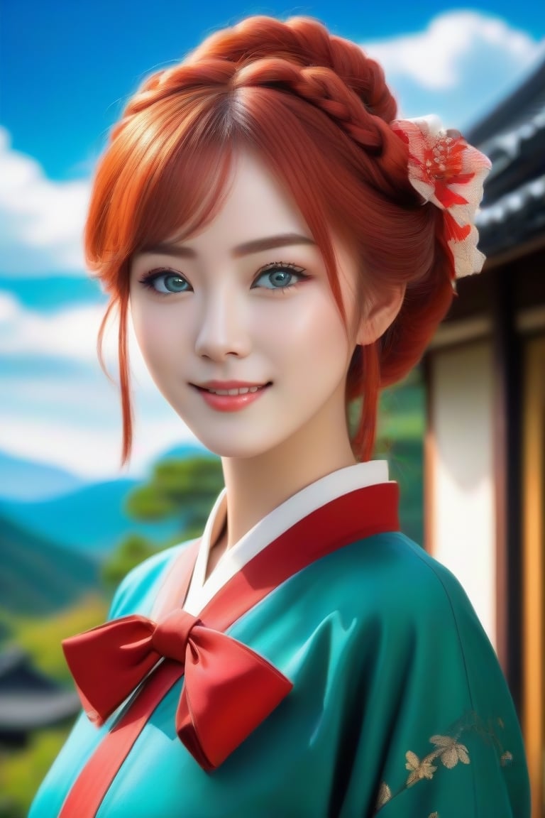 Masterpiece, Best quality, in the background you can see an old Japanese style house, HDR, intricate, absurd, splendid, realistic (detailed face), good atmosphere, enthusiastic look, blue sky, white clouds, 1 girl, outdoors, red hair with a braid, she has green eyes and light, soft skin, light makeup, she wears a red blouse with gold trim and a high collar and loose dark gray pants with a bow at the waist. Day, looking at the viewer, knowing smile.