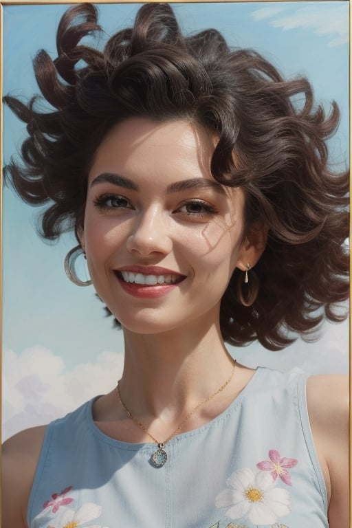 Intricate full-length portrait of a woman, very black and curly hair, thin and  well-defined eyebrows, long eyelashes, large light green eyes, round nose, medium-sized, well-defined mouth. thin lips parted, well-defined teeth, clear and soft skin, light makeup, very detailed, she is wearing a light blue spring dress decorated with flowers with a small diamond pendant and white sneakers. You can see palm trees and a clear blue sky and white clouds. There are subtle shadows that add depth to the painting.,monochrome