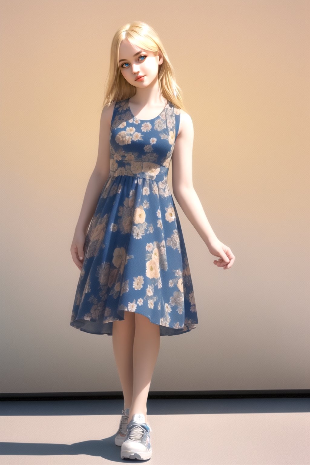 realistic Big blue eyes, she looks like Demi More, Golden blonde hair color
She wears a sleeveless, floral dress with sneakers and has a sly smile.
Please generate an image without any physical defects or abnormalities.
try the 'California highlights' technique on her hair, she is standing 
Please detail her face well

