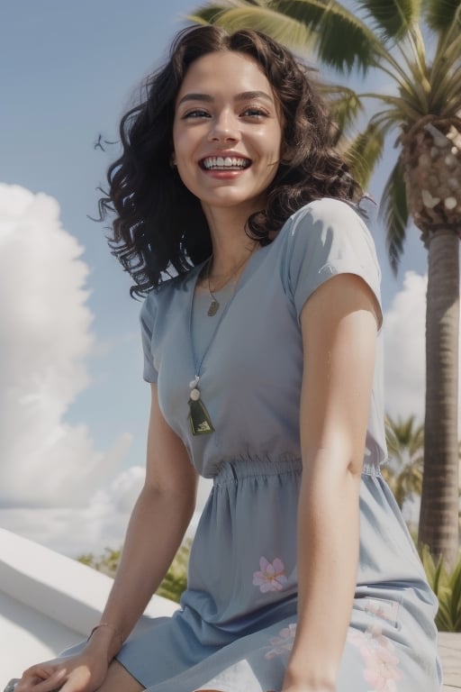 Intricate full-length portrait of a woman who looks like Karen Allen, very black and curly hair, thin and  well-defined eyebrows, long eyelashes, large light green eyes, round nose, medium-sized, well-defined mouth. thin lips parted, well-defined teeth, clear and soft skin, light makeup, very detailed, she is wearing a light blue spring dress decorated with flowers with a small diamond pendant and white sneakers. You can see palm trees and a clear blue sky and white clouds. There are subtle shadows that add depth to the painting.,monochrome,little_cute_girl,sm4c3w3k