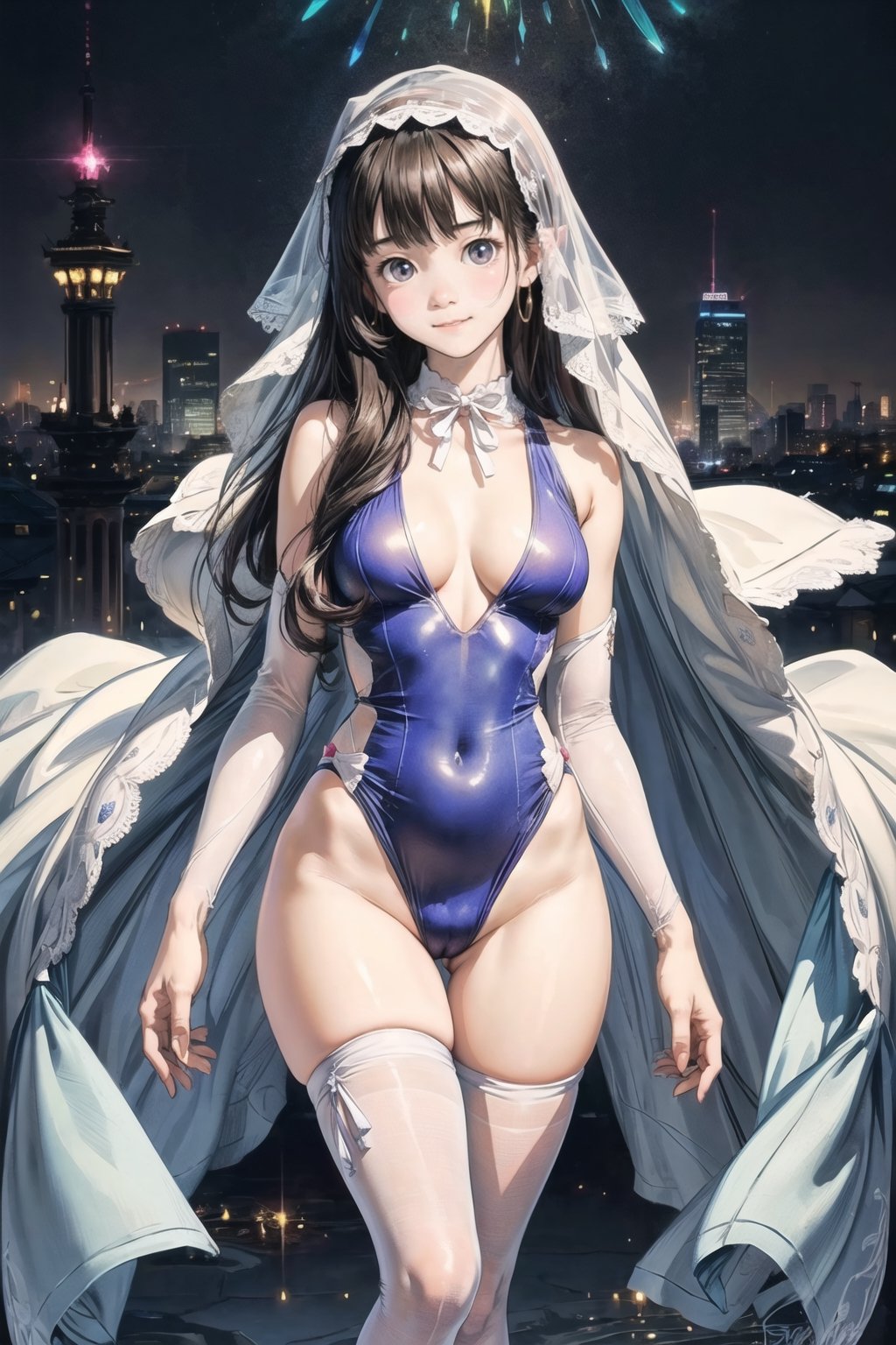 主：(((Thigh to upper body photo))), 
特：(((Colorful and magical doomsday city))), (masterpiece, highest quality, extreme detailed, best quality, official art, beautiful and aesthetic:1.2), (1girl), extreme detailed,(fractal art:1.3),colorful,highest detailed,High detailed,With a very high artistic composition style, 
髮：(((long hair))), 
服：((((Super transparent one-piece swimsuit made of white tulle))), (The white one-piece swimsuit has beautiful embroidery patterns on it),(((deep V low neckline))),(((compression stockings))),(((ribbon style lace veil))),