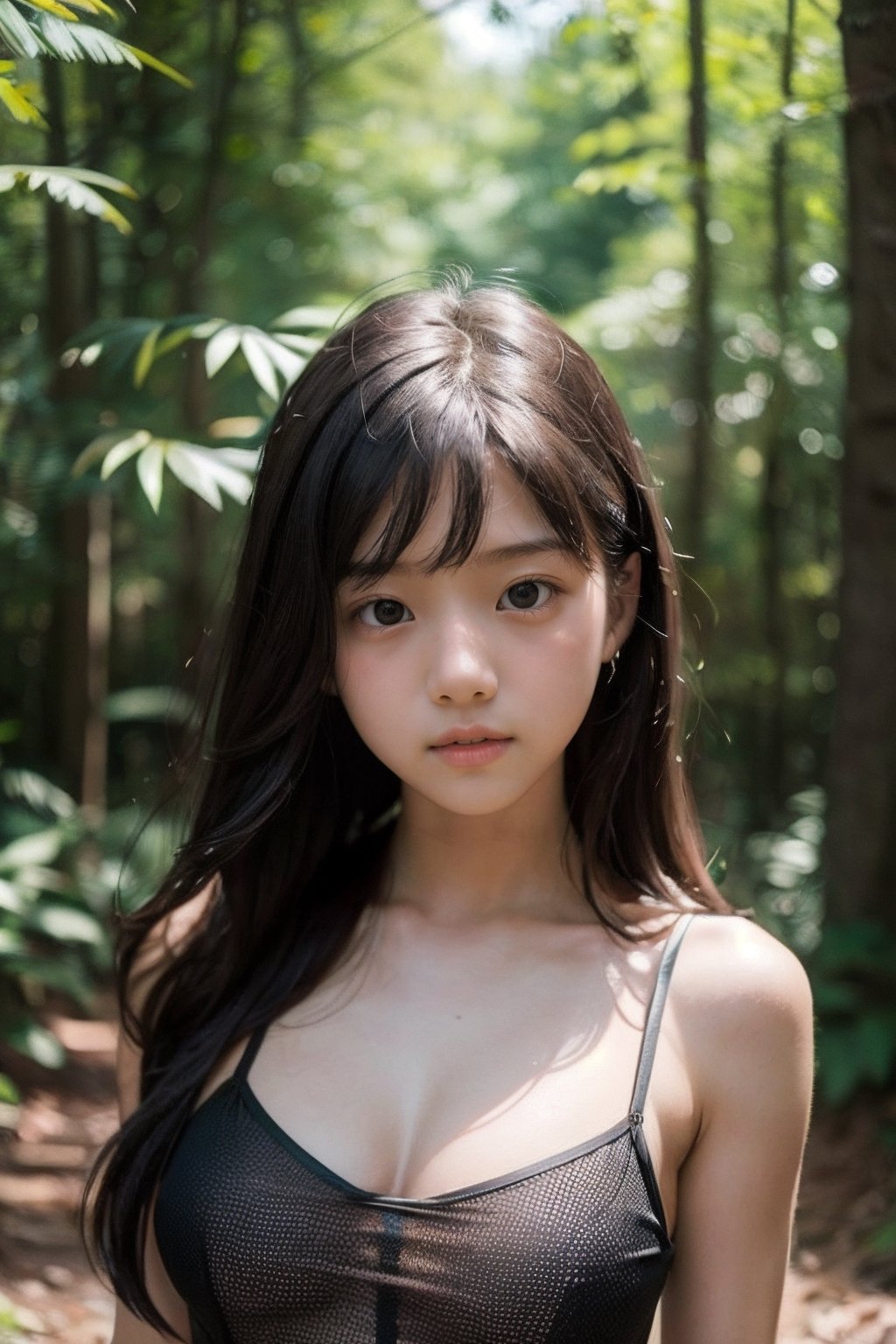 (((deep in the woods))),(looking at the audience), (Focus on the face),
人：(((1 little girl))),(((little girl's body))),(((real little girl photo))),(childish breasts),
優：(((16K texture structure))), the light and shadow structure that makes the texture more realistic and natural, (film style structure),
髮：Long hair, bangs,
服：(((Spaghetti strap sleeveless sheer shirt))),