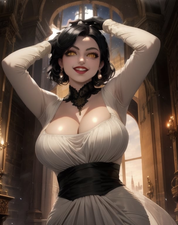 Alcina,yellow eyes,black hair,short hair,white dress,single earring,cleavage,black gloves,veiny,upper body,standing,curvy,arms up,covered nipples,see-through shirt,castle,indoors,night,looking at viewer,smile,(insanely detailed, beautiful detailed face, beautiful detailed eyes, masterpiece, best quality),solo,,alcina,dimitrescu