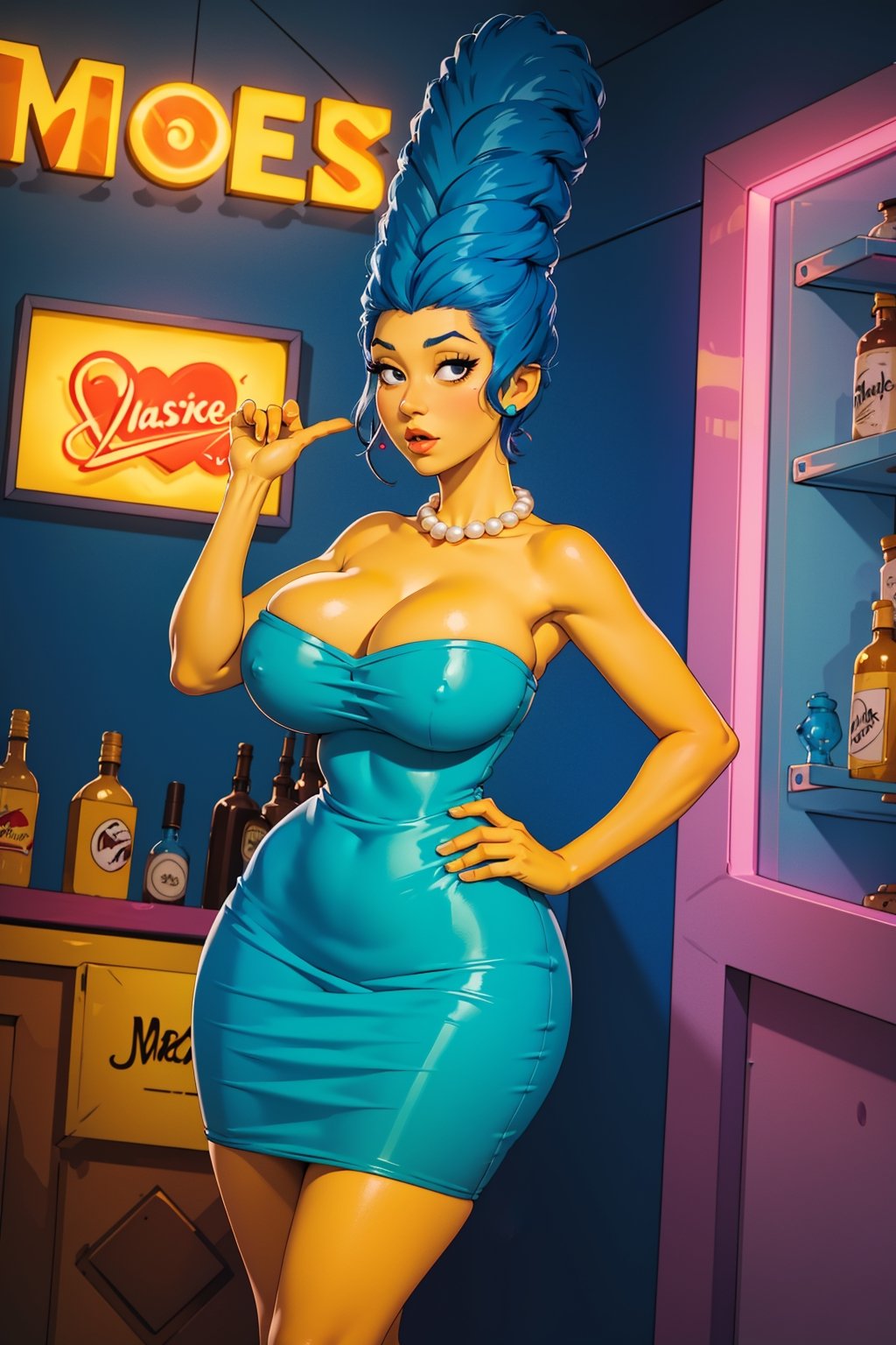 (masterpiece, best quality:1.2), marge simpson, 1girl, solo,gigantic breasts, huge breasts, dress, black eyes, cleavage dress, jewelry, necklace, strapless, short mini dress, strapless dress, pearl necklace, blue hair, yellow skin, bar (place), neon lights, standing, hands on hips, (hourglass_figure) , wide hips