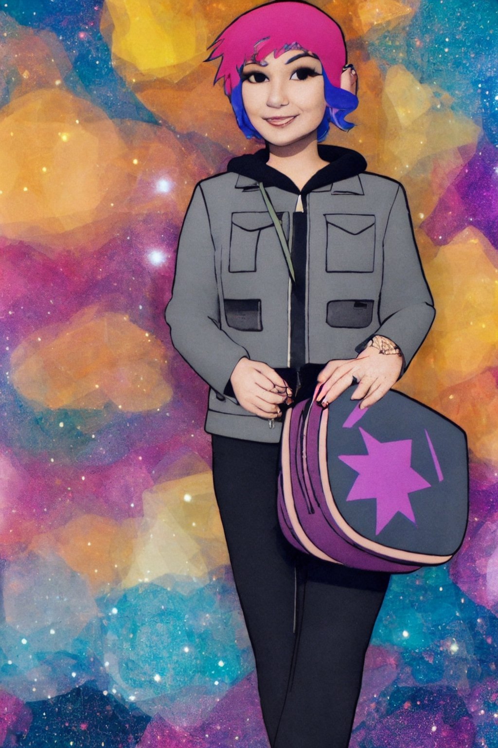 Ramona_Flowers,short hair,black eyes,1girl, solo, large breasts,looking at viewer,smile,BREAKgoggles on head, hoodie,grey jacket,long sleeves,shoulder bag,star (symbol),belt,denim skirt,purple pantyhose,(galaxy background:1.3),from above, , 1girl, Ramona Flowers