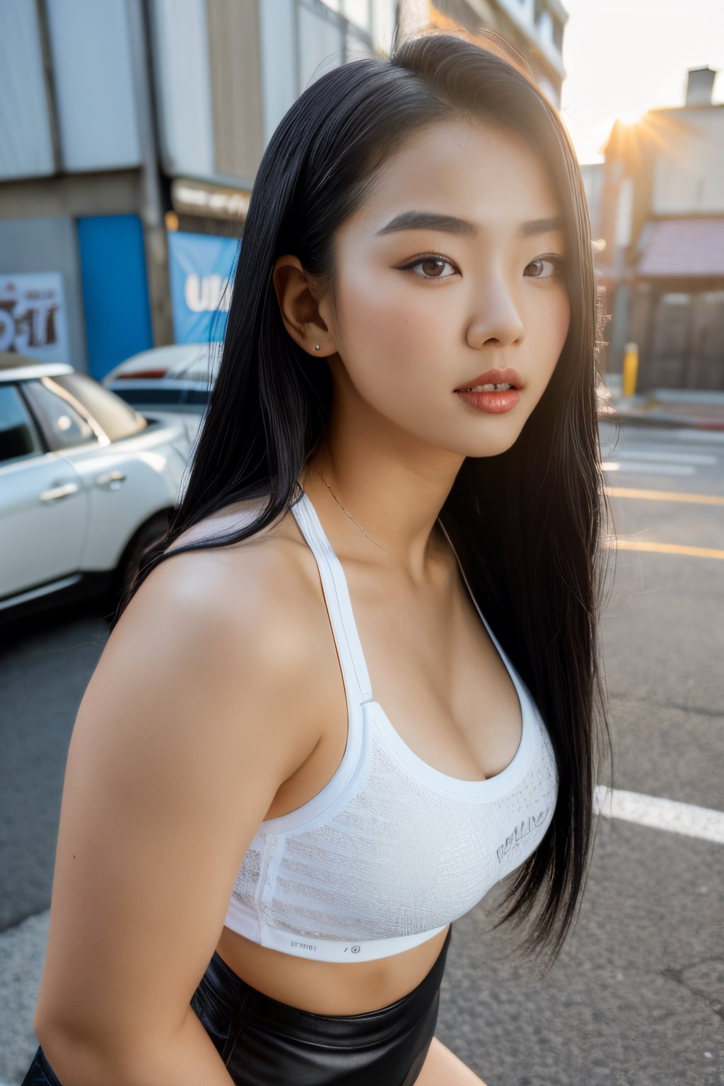 An Asian Girl with long black hair, wearing white sando and a black mini skirt, fighting pose, huge breast, cleavage, detailed_eyes, slum area background, highly detailed background, sunset, perfect lighting, best quality, 4k, 8k, ultra highres, raw photo in hdr, sharp focus, intricate texture, best quality, 4k, 8k, ultra highres,  sharp focus, intricate texture