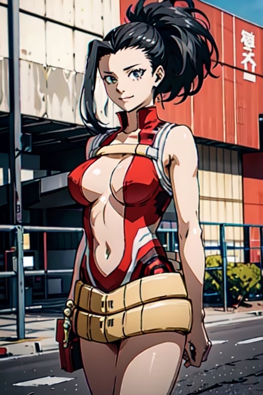 masterpiece, best quality, highres, 1girl, yaoyorozu momo, black hair, ponytail, hair pulled back, black eyes, large breasts, red leotard, navel, bare arms, bare legs, belt, , smile, standing, cowboy shot, straight-on, arms at sides, looking at viewer, outdoors, navel cutout,cartoon