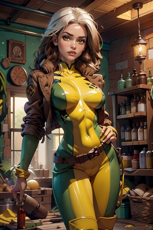 Masterpiece, Best Quality, perfect breasts, perfect face, perfect composition, UHD, 4k, ((1girl)), Rogue, (((green and yellow bodysuit))), in the dangerroom, busty woman, great legs, full thighs, brown and white hair, ((natural breasts)), (((brown eyes))),CARTOON_X_MENs_Rogue, two-tone hair, jacket
