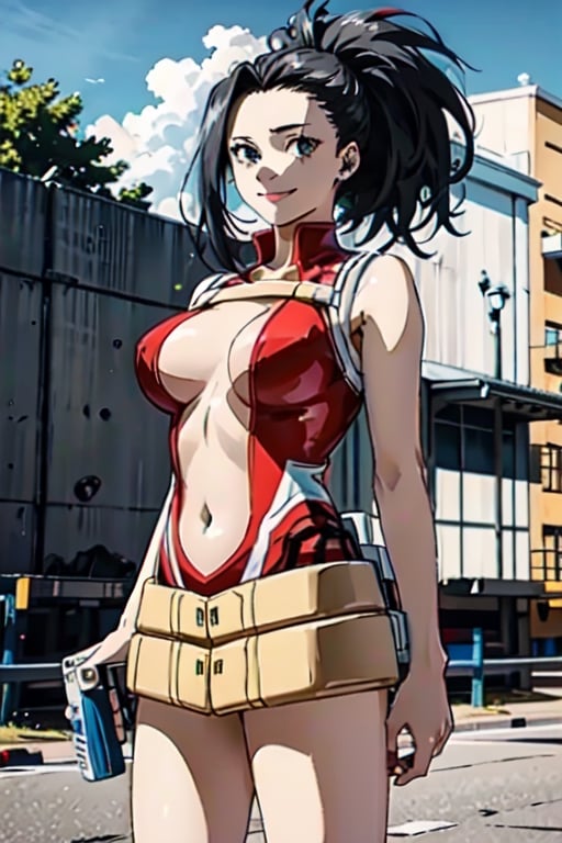 masterpiece, best quality, highres, 1girl, yaoyorozu momo, black hair, ponytail, hair pulled back, black eyes, large breasts, red leotard, navel, bare arms, bare legs, belt, , smile, standing, cowboy shot, straight-on, arms at sides, looking at viewer, outdoors, navel cutout,cartoon