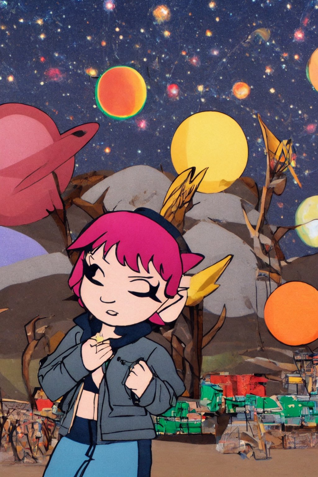 Ramona_Flowers,short hair,black eyes,1girl, solo, Large breasts,looking at viewer,smile,BREAKgoggles on head, hoodie,grey jacket,long sleeves,shoulder bag,star (symbol),belt,denim skirt,purple pantyhose,(galaxy background,star \(sky\),sky, space, starry sky, galaxy, wide-eyed:1.3),from above, , 1girl