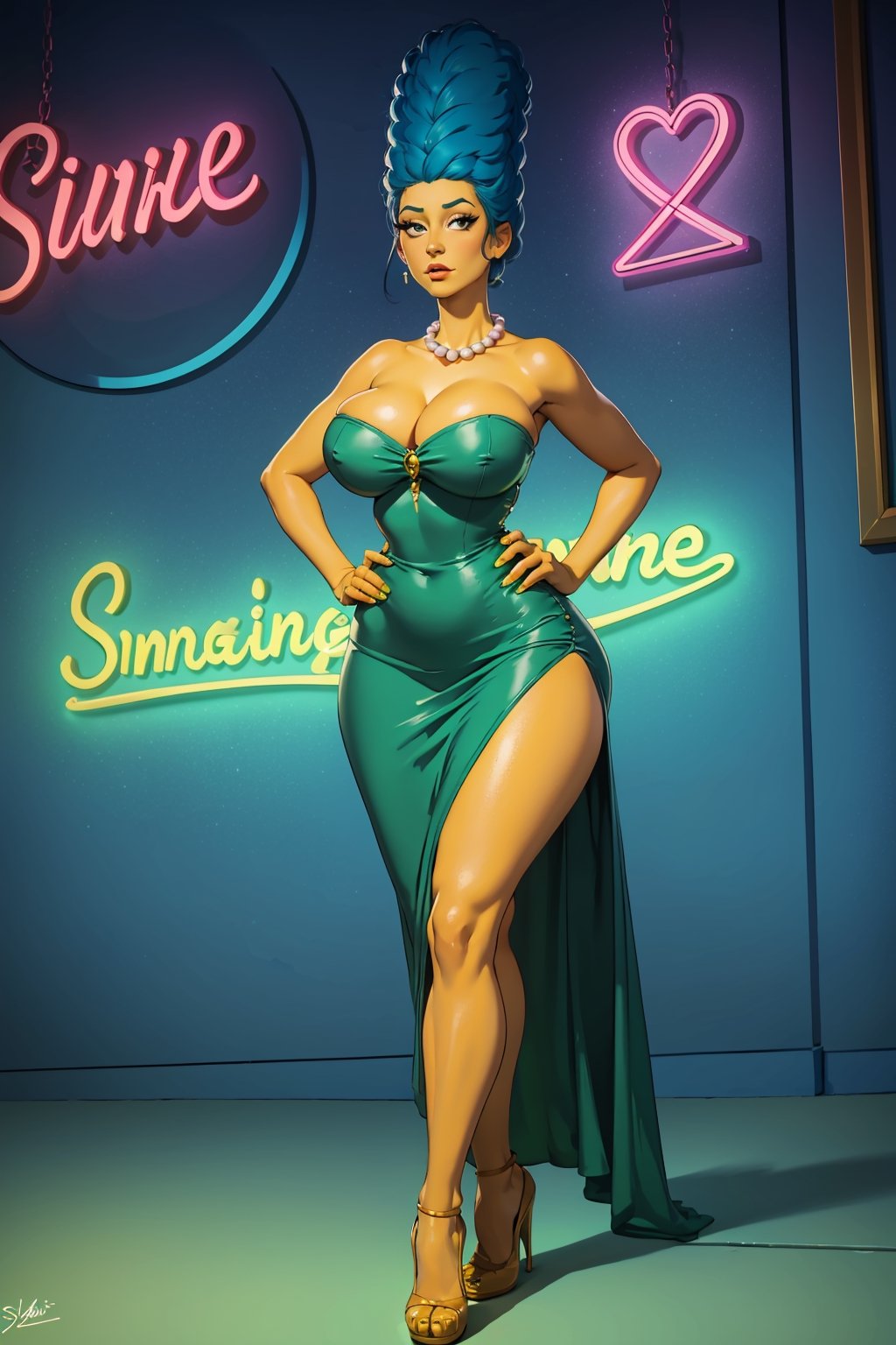 (masterpiece, best quality:1.2), marge simpson, 1girl, solo,gigantic breasts, huge breasts, dress, black eyes, cleavage dress, jewelry, necklace, strapless, short green dress, strapless dress, pearl necklace, blue hair, yellow skin, bar (place), neon lights, standing, hands on hips, hourglass_figure , wide hips