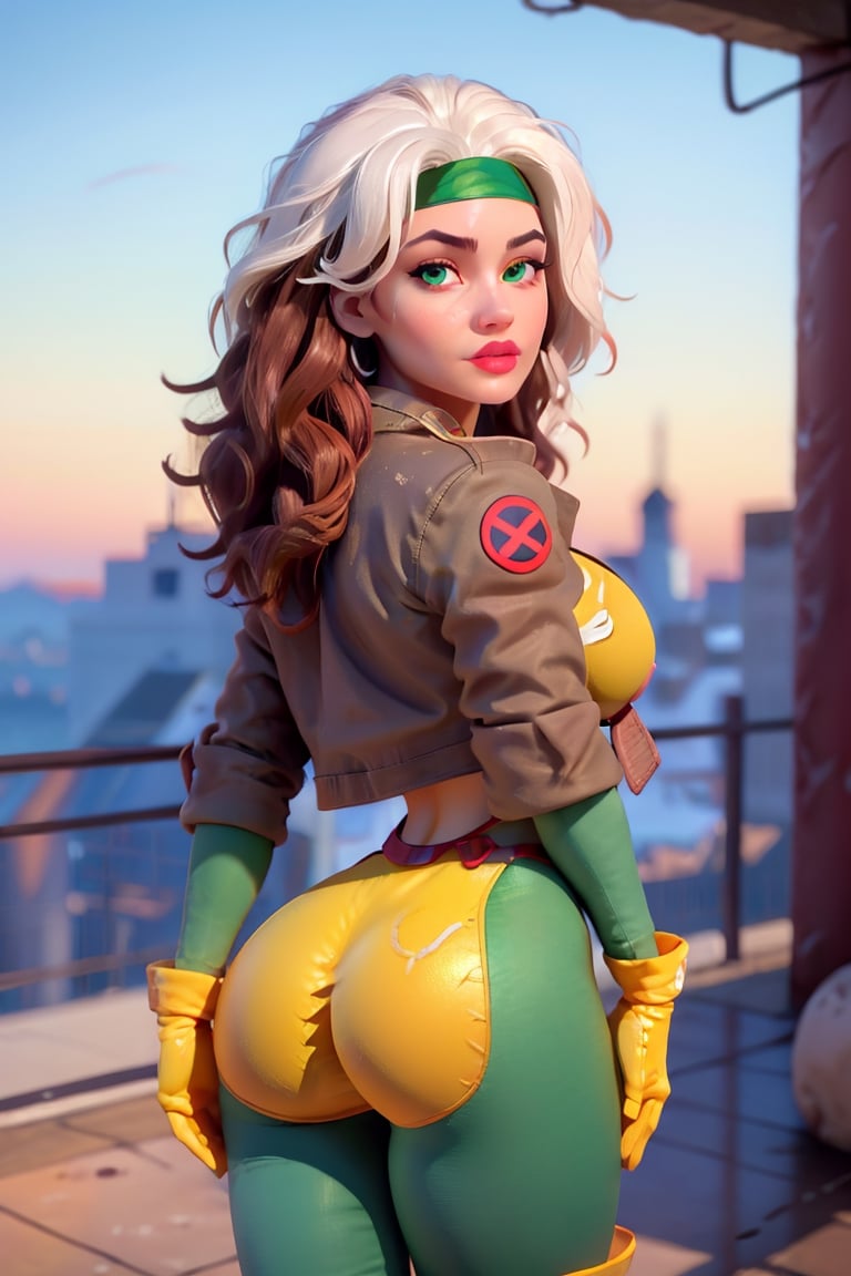 Rear view, 8k, best quality, real picture, intricate details, ultra-detailed, ultra highres, depth field,(photorealistic,realistic:1.2), masterpiece,, full body, large ass, large breast, rogue, green eyes, white hair, multicolor hair, messy hair, long hair, wavy hair, headband, bodysuit, lipstick, yellow gloves, solo_female, sun, blue sky, best quality, realistic, photorealistic, (intricate details:1.2), (delicate detailed), (cinematic light), clear line, sharp focus, realistic face, detailed body, unity 8k wallpaper, ultra high res, (photorealistic:1.4), looking at viewer ,round ass,Rogue,CARTOON_X_MENs_Rogue,ownwaifu, shiny lips