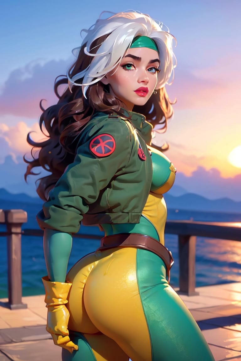 Rear view, 8k, best quality, real picture, intricate details, ultra-detailed, ultra highres, depth field,(photorealistic,realistic:1.2), masterpiece,, full body, large ass, large breast, rogue, green eyes, white hair, multicolor hair, messy hair, long hair, wavy hair, headband, bodysuit, lipstick, yellow gloves, solo_female, sun, blue sky, best quality, realistic, photorealistic, (intricate details:1.2), (delicate detailed), (cinematic light), clear line, sharp focus, realistic face, detailed body, unity 8k wallpaper, ultra high res, (photorealistic:1.4), looking at viewer ,round ass,Rogue,CARTOON_X_MENs_Rogue,ownwaifu, shiny lips