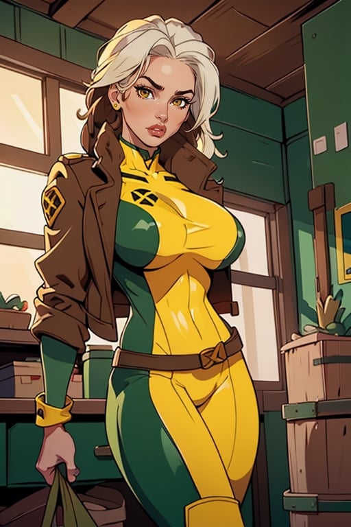 Masterpiece, Best Quality, perfect breasts, perfect face, perfect composition, UHD, 4k, ((1girl)), Rogue, (((green and yellow bodysuit))), in the dangerroom, busty woman, great legs, thick thighs, brown and white hair, ((natural breasts)), (((brown eyes))), CARTOON_X_MENs_Rogue, two-tone hair, jacket