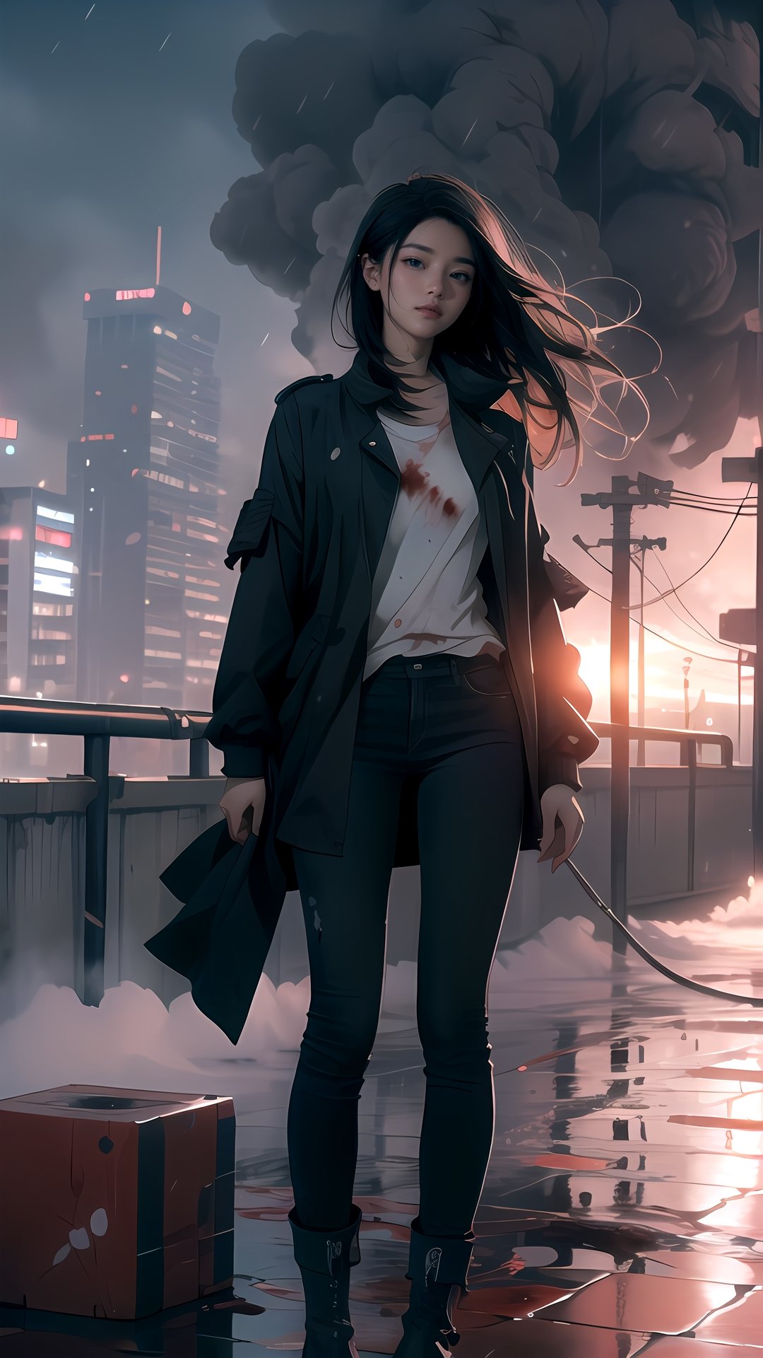 full body,Blood Mist, background_Urban rooftop,1 girl,despair,blood sakura,((masterpiece)), (((best quality))), ((ultra-detailed)), ((illustration)), ((disheveled hair)),Blood Cherry Blossom,torn clothes,crying with eyes open,solo,Blood Rain,bandages,Gunpowder smoke,beautiful deatailed shadow, Splashing blood,dust,tyndall effect