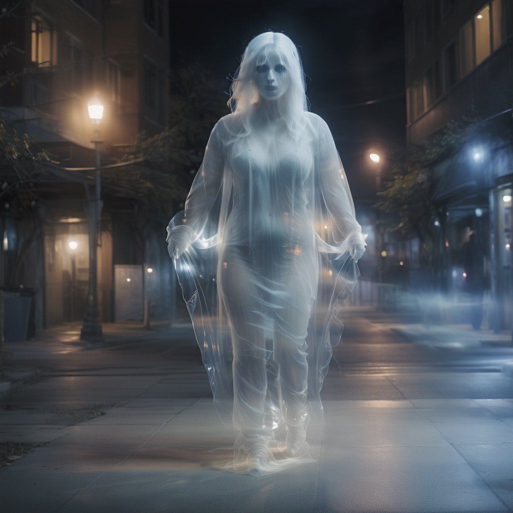 a photo of transparent ghost woman big breast wide hips walking at night