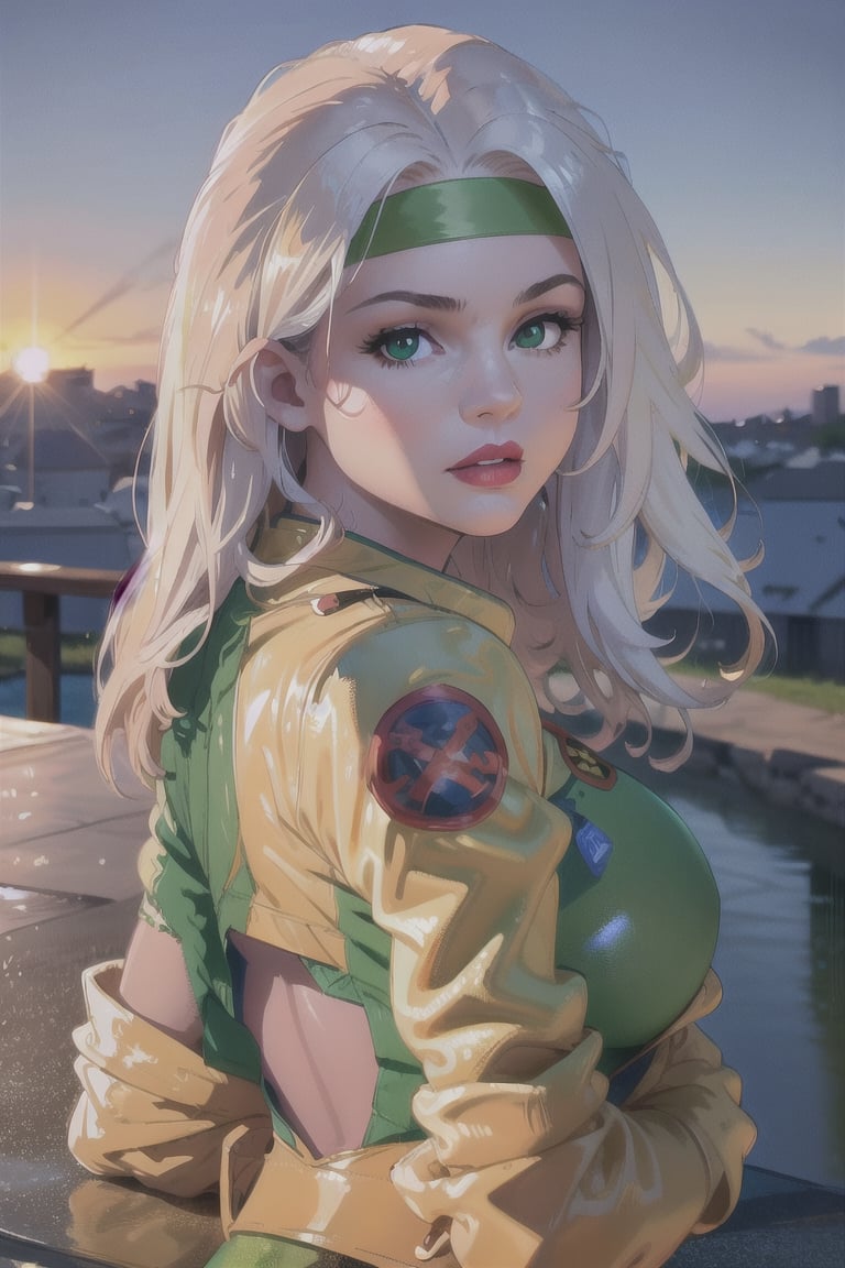 Rear view, 8k, best quality, real picture, intricate details, ultra-detailed, ultra highres, depth field,(photorealistic,realistic:1.2), masterpiece,, full body, large breast, rogue, green eyes, white hair, multicolor hair, messy hair, long hair, wavy hair, headband, bodysuit, lipstick, yellow gloves, solo_female, sun, blue sky, best quality, realistic, photorealistic, (intricate details:1.2), (delicate detailed), (cinematic light), clear line, sharp focus, realistic face, detailed body, unity 8k wallpaper, ultra high res, (photorealistic:1.4), looking at viewer ,round ass,Rogue,CARTOON_X_MENs_Rogue,ownwaifu, shiny lips