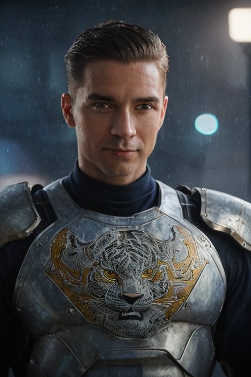 Portrait photo of muscular guy in a worn mech suit, ((light bokeh)), intricate, (steel metal [rust]), elegant, sharp focus, photo by greg rutkowski, soft lighting, vibrant colors, (masterpiece), ((streets)), (detailed face:1.2), (glowing blue eyes:1.1) big dick,white tiger mutant,golden armour,white tiger mutant face,clark_ gable,white tiger face mutant