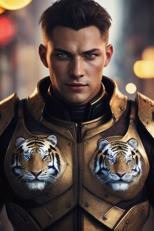 Portrait photo of muscular guy in a worn mech suit, ((light bokeh)), intricate, [rust]), elegant, sharp focus, photo by greg rutkowski, soft lighting, vibrant colors, (masterpiece), ((streets)), (detailed face:1.2), (glowing blue eyes:1.1) big dick,white tiger mutant,golden armour,white tiger mutant face