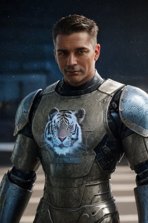 Portrait photo of muscular guy in a worn mech suit, ((light bokeh)), intricate, (steel metal [rust]), elegant, sharp focus, photo by greg rutkowski, soft lighting, vibrant colors, (masterpiece), ((streets)), (detailed face:1.2), (glowing blue eyes:1.1) big dick,white tiger mutant,golden armour,white tiger mutant face,clark_ gable,white tiger face mutant,muscle_body