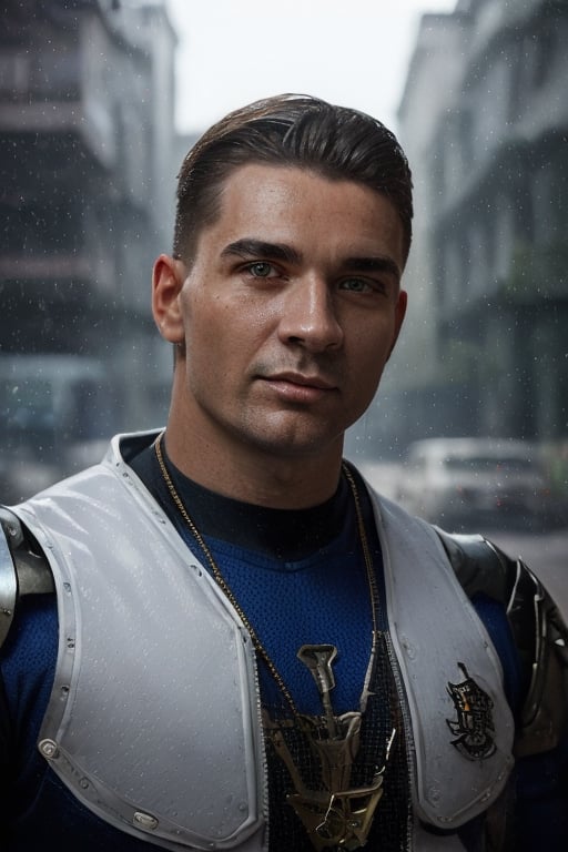 Portrait photo of muscular guy in a worn mech suit, ((light bokeh)), intricate, (steel metal [rust]), elegant, sharp focus, photo by greg rutkowski, soft lighting, vibrant colors, (masterpiece), ((streets)), (detailed face:1.2), (glowing blue eyes:1.1) big dick,white tiger mutant,golden armour,white tiger mutant face,clark_ gable,white tiger face mutant,muscle body