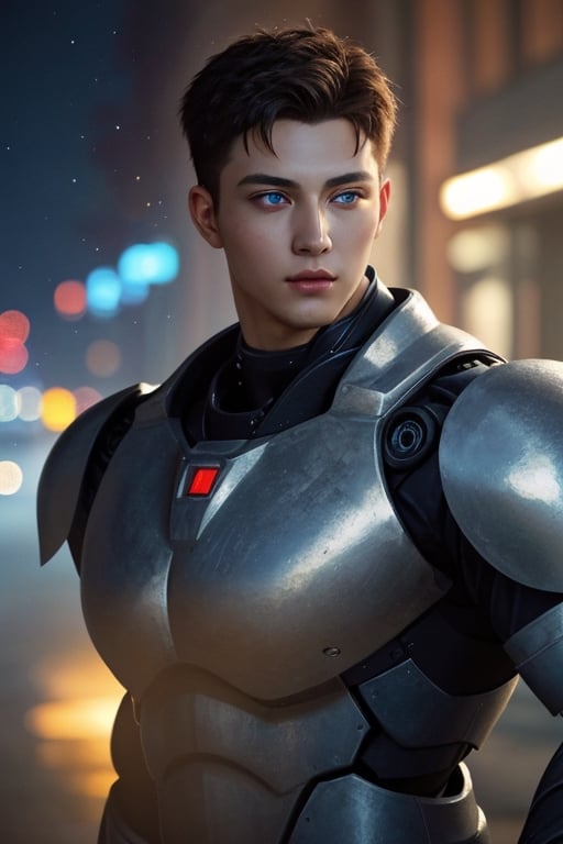 Portrait photo of muscular guy in a worn mech suit, ((light bokeh)), intricate, (steel metal [rust]), elegant, sharp focus, photo by greg rutkowski, soft lighting, vibrant colors, (masterpiece), ((streets)), (detailed face:1.2), (glowing blue eyes:1.1) big dick,white tiger mutant,golden armour,white tiger mutant face