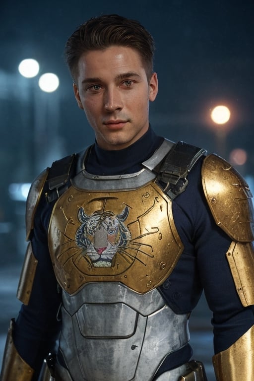 Portrait photo of muscular guy in a worn mech suit, ((light bokeh)), intricate, (steel metal [rust]), elegant, sharp focus, photo by greg rutkowski, soft lighting, vibrant colors, (masterpiece), ((streets)), (detailed face:1.2), (glowing blue eyes:1.1) big dick,white tiger mutant,golden armour,white tiger mutant face,clark_ gable,white tiger face mutant