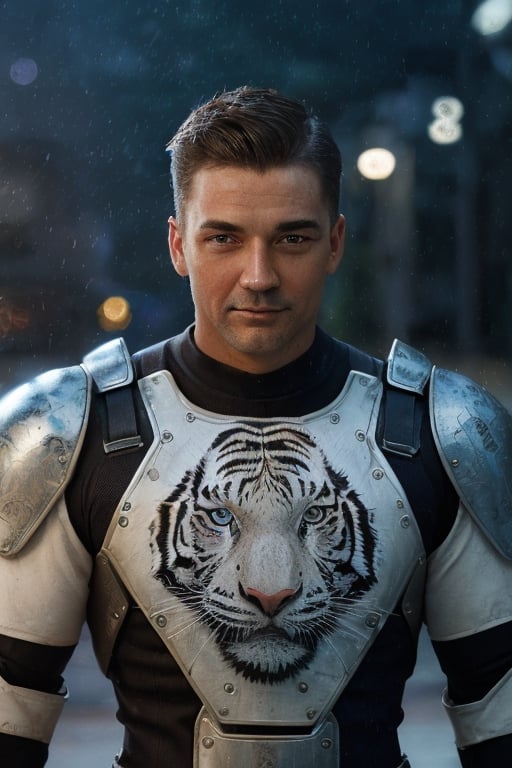 Portrait photo of muscular guy in a worn mech suit, ((light bokeh)), intricate, (steel metal [rust]), elegant, sharp focus, photo by greg rutkowski, soft lighting, vibrant colors, (masterpiece), ((streets)), (detailed face:1.2), (glowing blue eyes:1.1) big dick,white tiger mutant,golden armour,white tiger mutant face,clark_ gable,white tiger face mutant