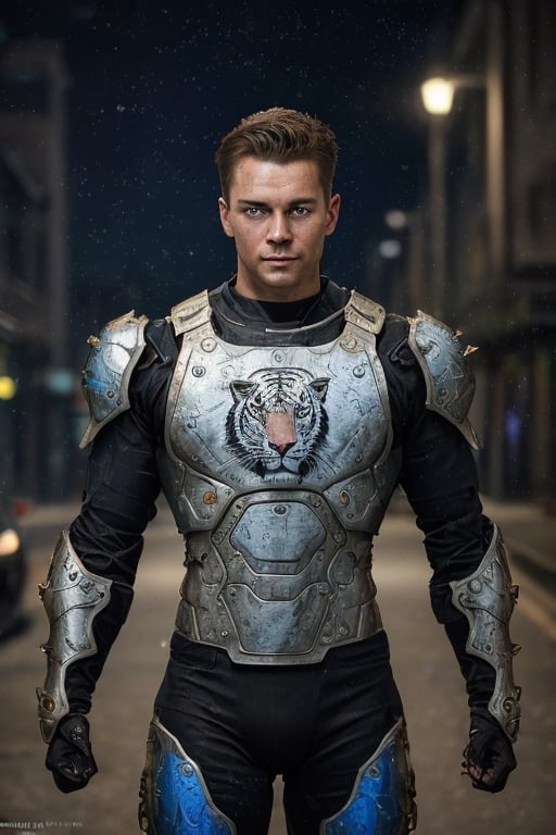 Portrait photo of muscular guy in a worn mech suit, ((light bokeh)), intricate, (steel metal [rust]), elegant, sharp focus, photo by greg rutkowski, soft lighting, vibrant colors, (masterpiece), ((streets)), (detailed face:1.2), (glowing blue eyes:1.1) big dick,white tiger mutant,golden armour,white tiger mutant face,clark_ gable,white tiger face mutant