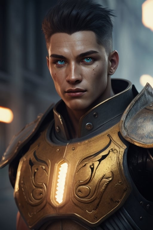 Portrait photo of muscular guy in a worn mech suit, ((light bokeh)), intricate, [rust]), elegant, sharp focus, photo by greg rutkowski, soft lighting, vibrant colors, (masterpiece), ((streets)), (detailed face:1.2), (glowing blue eyes:1.1) big dick,white tiger mutant,golden armour,white tiger mutant face