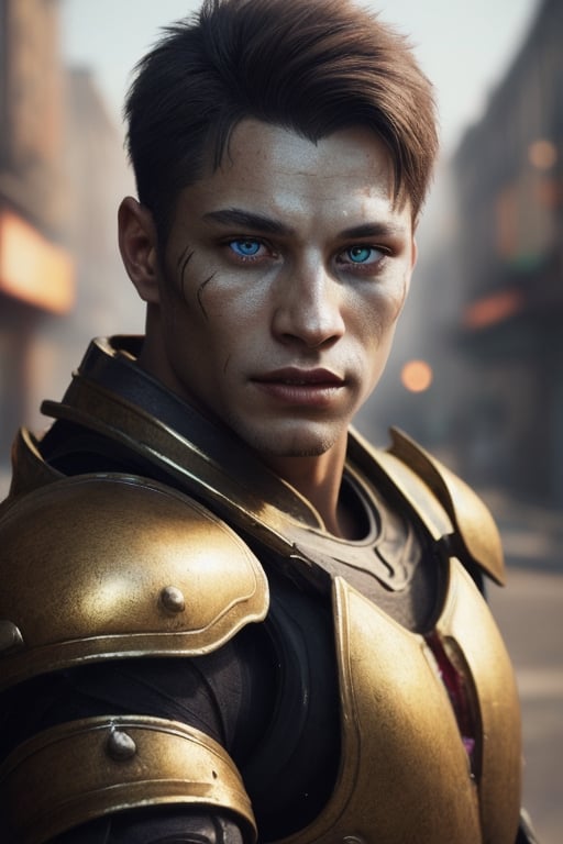 Portrait photo of muscular guy in a worn mech suit, ((light bokeh)), intricate, [rust]), elegant, sharp focus, photo by greg rutkowski, soft lighting, vibrant colors, (masterpiece), ((streets)), (detailed face:1.2), (glowing blue eyes:1.1) big dick,white tiger mutant,golden armour,white tiger mutant face,sword on fire