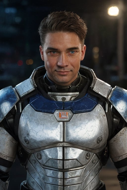 Portrait photo of muscular guy in a worn mech suit, ((light bokeh)), intricate, (steel metal [rust]), elegant, sharp focus, photo by greg rutkowski, soft lighting, vibrant colors, (masterpiece), ((streets)), (detailed face:1.2), (glowing blue eyes:1.1) big dick,white tiger mutant,golden armour,white tiger mutant face,clark_ gable,white tiger face mutant,muscle body