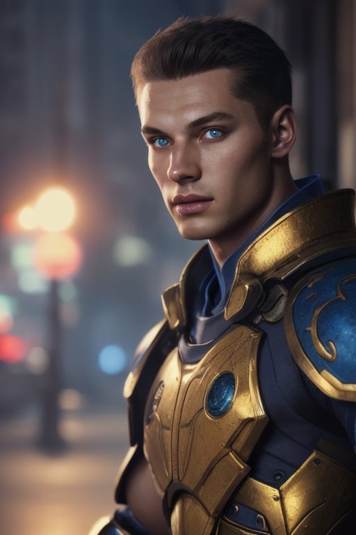 Portrait photo of muscular guy in a worn mech suit, ((light bokeh)), intricate, elegant, sharp focus, photo by greg rutkowski, soft lighting, vibrant colors, (masterpiece), ((streets)), (detailed face:1.2), (glowing blue eyes:1.1) big dick,white tiger mutant,golden armour,white tiger mutant face,blue costum,