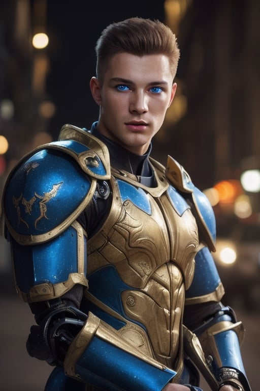 Portrait photo of muscular guy in a worn mech suit, ((light bokeh)), intricate, elegant, sharp focus, photo by greg rutkowski, soft lighting, vibrant colors, (masterpiece), ((streets)), (detailed face:1.2), (glowing blue eyes:1.1) big dick,white tiger mutant,golden armour,white tiger mutant face