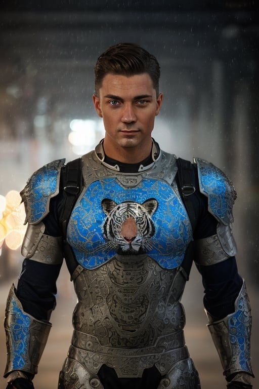 Portrait photo of muscular guy in a worn mech suit, ((light bokeh)), intricate, (steel metal [rust]), elegant, sharp focus, photo by greg rutkowski, soft lighting, vibrant colors, (masterpiece), ((streets)), (detailed face:1.2), (glowing blue eyes:1.1) big dick,white tiger mutant,golden armour,white tiger mutant face,clark_ gable,white tiger face mutant