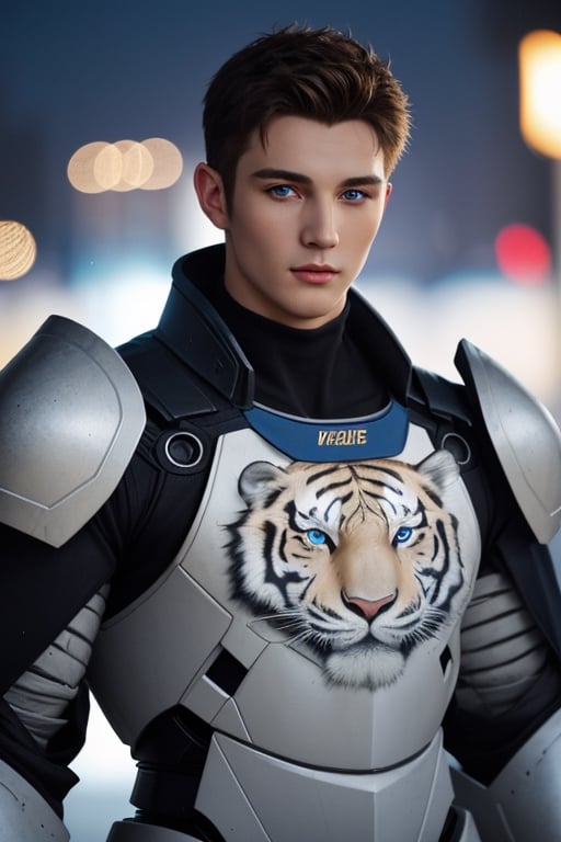 Portrait photo of muscular guy in a worn mech suit, ((light bokeh)), intricate, elegant, sharp focus, photo by greg rutkowski, soft lighting, vibrant colors, (masterpiece), ((streets)), (detailed face:1.2), (glowing blue eyes:1.1) big dick,white tiger mutant,golden armour,white tiger mutant fac,007_costume ,keaune reeves