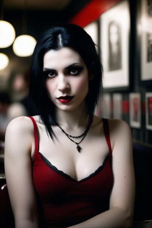 prompt: "dio photography: A moody, high-contrast shot of a stunning goth woman posing confidently in a busy cafe. She wears a pristine white blouse and a well-fitted red pencil skirt, her porcelain skin and raven hair drawing attention to her striking features. Her eyes are dark and expressive, with a hint of red eyeshadow, and she has a flirty smile on her lips. The analog photograph has a warm, film-like quality, with subtle grain and texture. The cafe is bustling with activity in the background, adding depth to the scene. The framing shows her 3/4 body, with her body forming a diagonal line that leads the viewer's eye to her enigmatic expression. Avoid: red eyes, messy clothes, overly exaggerated features, unrealistic skin textures, harsh lighting, blurred edges."
steps: 50
cfg scale: 7.5
resolution: 512x512
seed: 12345