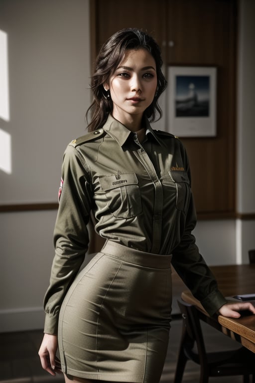 A stunning female soldier poses confidently, elegantly dressed in her crisp army fatigues, the tight pencil skirt accentuating her toned legs. The camera captures a close-up of her striking features, with precise photorealistic rendering (1.4). Her eyes, rendered with exceptional accuracy (1.4), sparkle with determination, framed by a subtle smile. The background is blurred, focusing attention on her commanding presence.